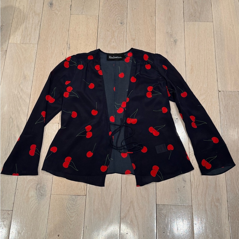 Realisation Par Silk Cherry Pattern Tie Front Blo… - image 3